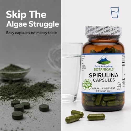 Pure Mountain Botanicals Spirulina Capsules 90 Count - 450mg Organic Spirulina - Kosher Vegan Non-GMO - Superfood Supplement - Espirulina