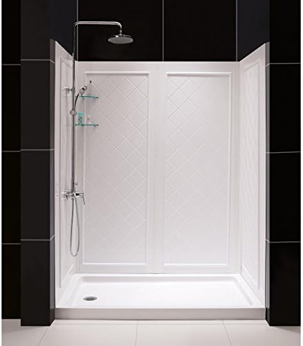 DreamLine 32 in. D x 60 in. W x 76 3/4 in. H Left Drain Acrylic Shower Base and QWALL-5 Backwall Kit In White, DL-6190L-01