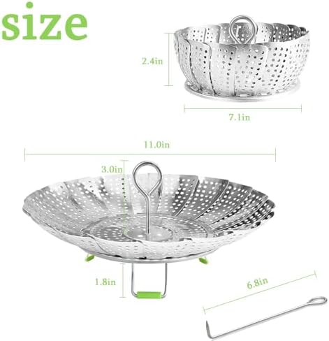 Steamer Basket Stainless Steel Vegetable Basket Metal Handle Folding Silicone Feet Steamer Insert for Cooking Veggies Fish Seafood Include Safety Tool
