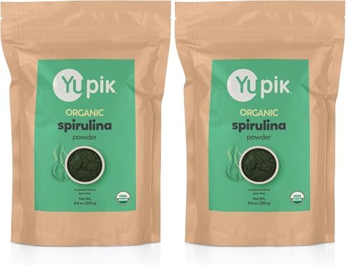 Yupik Organic Spirulina Powder 8.8 oz, USDA Certified, Non-GMO, Kosher, Gluten-Free, Vegan, High in Protein, Iron & Antioxidants, Superfood for Smoothies, Shakes & Baking