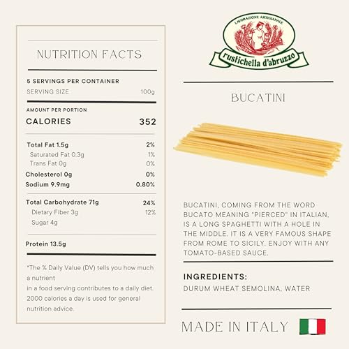 Rustichella d'Abruzzo Bucatini (Pack of 4), 500g Each - Classic Italian Pasta with a Hole - Perfect for Amatriciana Sauce - Artisan Pasta from Abruzzo