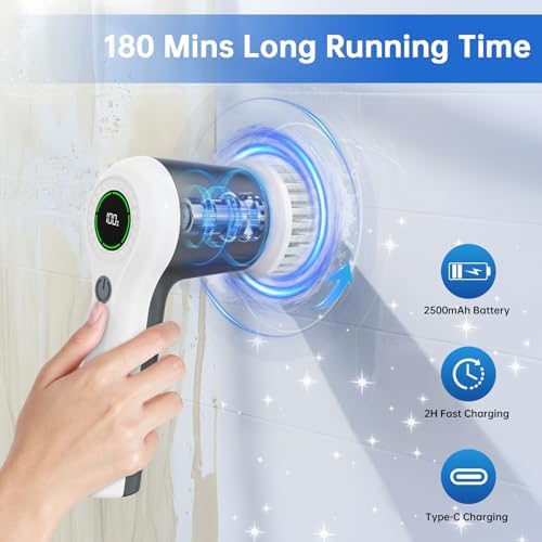 PUFTEM Electric Spin Scrubber, Cordless Shower Scrubber | Battery Level Display, Dual Speed, 6 Replaceable Brush Heads, IPX7 Waterproof, Long Runtime, Tub, Tile & Sink Cleaning