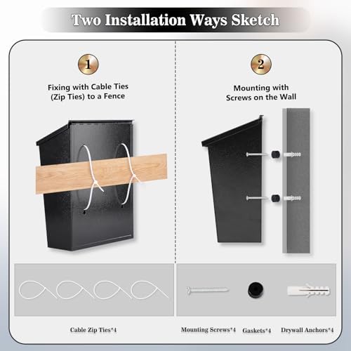 KYODOLED Mailbox for Outside, Wall Mount Locking Mailbox, Security Drop Box with Key Lock for Letters, Cash, Cards, Steel Mail Box for House Office School, 12.4H x 8.54L x 3.35W Inches, Black