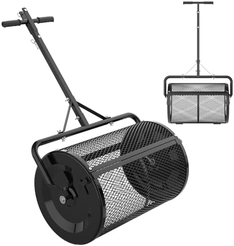 Seeutek Compost Spreader, 24" Peat Moss Spreader with 3 Heights | Push or Tow Top Soil Spreader W/Upgraded Side Latches Support Rod Powder Coated Metal Mesh Top Dressing Spreader for Lawn