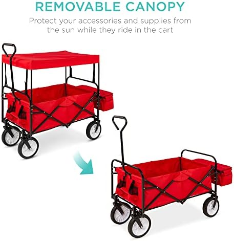 Best Choice Products Collapsible Folding Outdoor Utility Wagon with Canopy Garden Cart for Beach, Picnic, Camping, Tailgates w/Removable Canopy, Detachable Pockets, 150lb Weight Capacity - Red