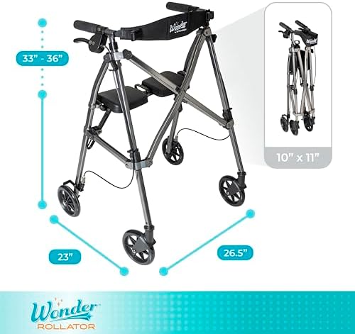 Stander Space Saver Rollator, Lightweight Folding Rolling Walker with Seat for Seniors & Adults, 4-Wheel Mobility Aid with 6-inch Wheels