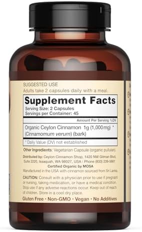 Organic Ceylon Cinnamon Capsules, USDA Certified Supplement - 90 Count | Premium Grade, True Sri Lankan Variety, Cinnamomum Verum, All-Natural, Non-GMO, Gluten Free, Made in the USA (GMP)