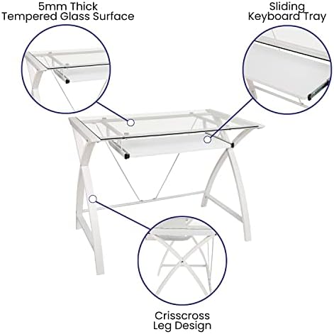 Flash Furniture Jude Tempered Glass Computer Desk with Pull-Out Keyboard Tray and Crisscross Frame, Small Computer Desk for Home Office, Cherry/Clear