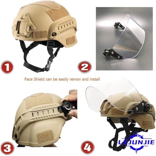 Tactical MICH 2000 Fast Helmet with Clear Riot Visor Face Shield Sliding Goggles for Airsoft Paintball CS War Games Outdoor Sports.