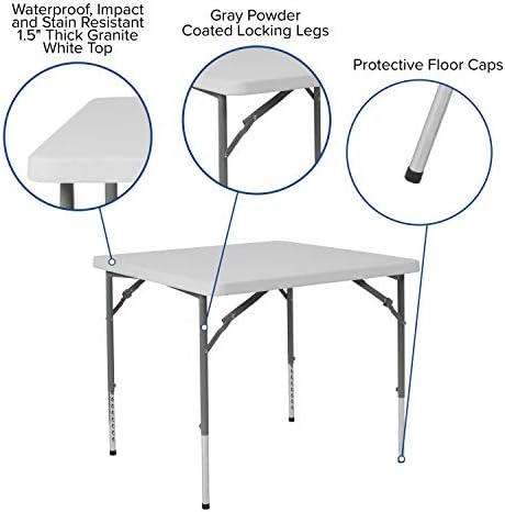 EMMA + OLIVER 2.79-Foot Square Granite White Adjustable Folding Table | Height Adjustable, Card and Game Table, Lightweight