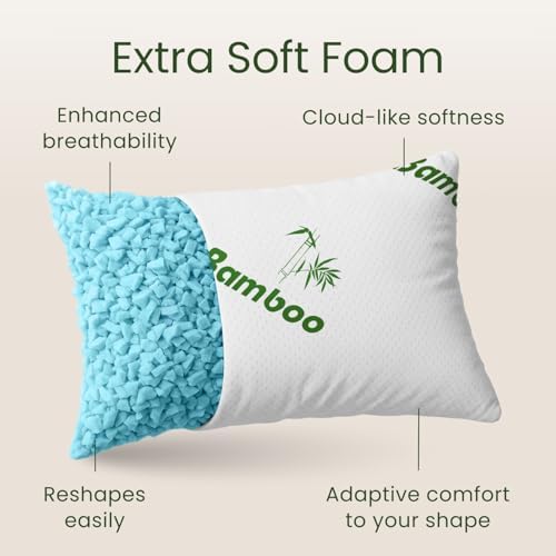 Memory Foam Pillows Queen Size Set of 2 - Cooling Bed Pillows for Sleeping - Back, Stomach, Side Sleeper Firm, Comfy Cool Shredded - 2 Pack, Rayon Derived from Bamboo