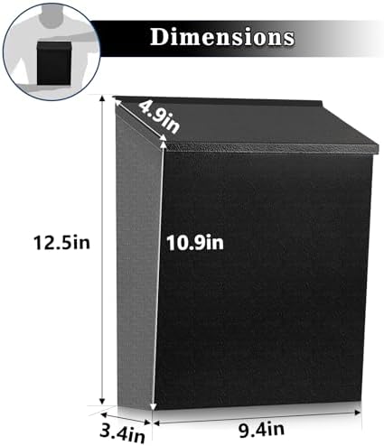 KYODOLED Mailbox for Outside, Wall Mount Locking Mailbox, Security Drop Box with Key Lock for Letters, Cash, Cards, Steel Mail Box for House Office School, 12.4H x 8.54L x 3.35W Inches, Black