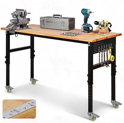 48" Adjustable Workbench, 8-Level Height Adjustable Rolling Work Table with Casters & Scale, Sit & Stand 2-in-1 Garage Tool Table with Pegboard & Hooks, for Workshop, Warehouse, DIY Projects