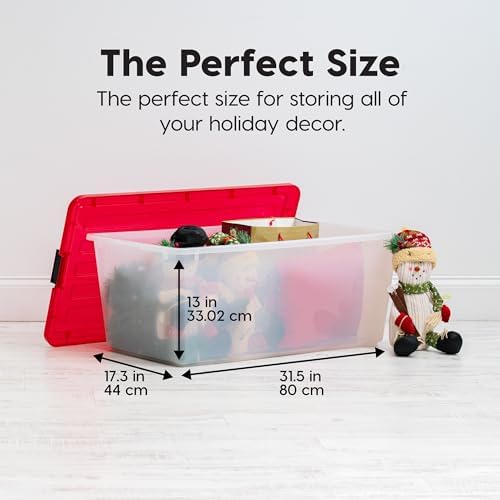 IRIS USA 2-Pack Holiday Ornament Storage Box with Attached Lid, Clear/Red