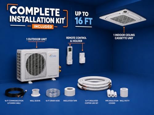 Senville Ceiling Cassette Mini Split AC/Heating System, Inverter, 18000 BTU | 208/230V, Energy Star Certified, AHRI Certified, 16ft Line Set Included, Heat Pump