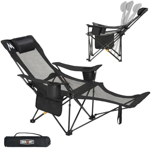 Overmont Reclining Camping Chair with Footrest - 4-Position Adjustable Backrest Lightweight Folding Lounge Chair for Adults with Pillow Carry Bag