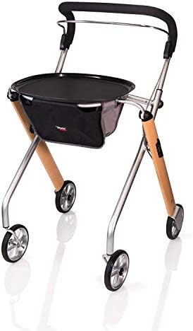Stander Let’s Go Indoor Rollator, Lightweight Four Wheel Euro Style Walker with Tray, Folding Mobility Aid for Seniors by Trust Care, Silver