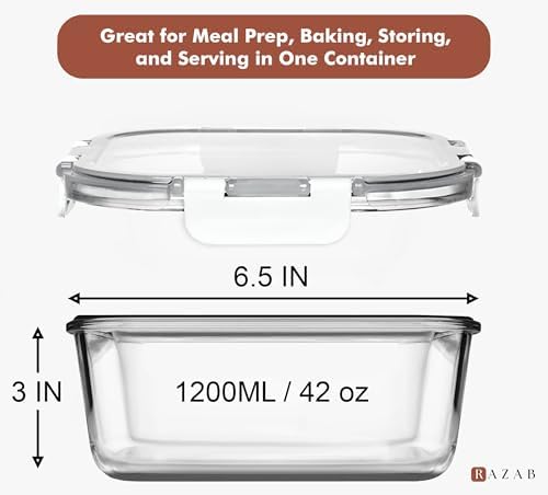 Razab 2 PC 1200ML / 41 Oz Glass Food Storage Containers with Lids - Airtight & Leakproof - Microwave/Oven/Freezer Safe - BPA Free - Ideal for Meal