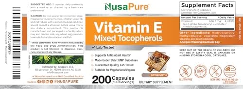Vitamin E Mixed Tocopherols, Non-GMO Vegan, 200 Veg Capsules - 100 Servings | Plant Based with Gluten Free Formulation, Suitable for Adults