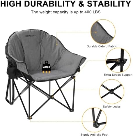 Oversized Camping Chairs Padded Heavy Duty Folding Support 400LBS | Comfy Lawn Chairs for Adults Outdoor Sports with Side Mesh Bag & Cup Holder, Portable Foldable, Sturdy Steel Frame (Grey)