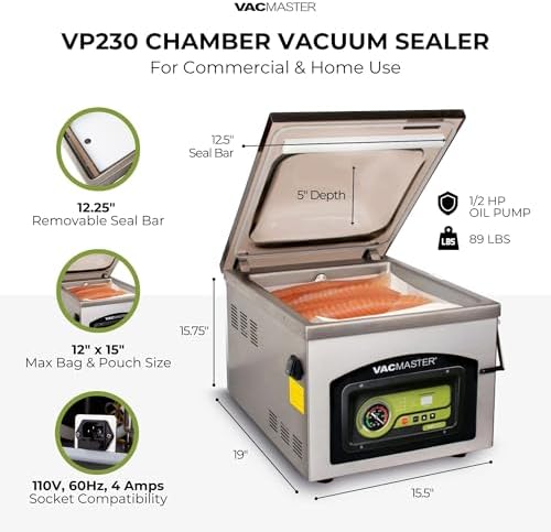 VacMaster VP230 Chamber Vacuum Sealer – Commercial Vacuum Sealer Machine for Food with 1/2 HP Oil Pump, 12.25” Seal Bar for 12” x 15” Bags