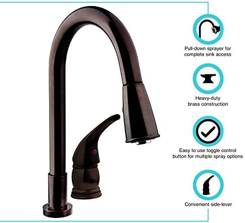 Dura Faucet DF-NMK503-SN RV Pull-Down Kitchen Sink Faucet (Satin Nickel) | Side lever gives one-hand control of temperature and flow. Easy DIY install with common hand tools.