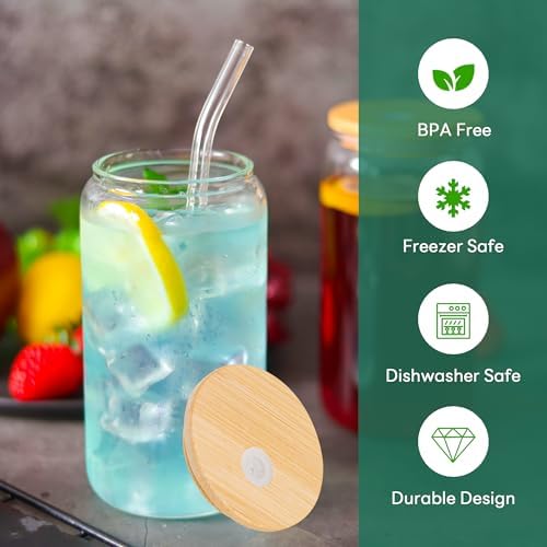 Joyclub 20Pcs Glass Cups with Bamboo Lids and Straws Bulk 16 oz Can Shaped | Clear drinking glasses include 20 cleaning brushes