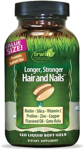 Irwin Naturals Longer, Stronger Hair and Nails - 120 Liquid Softgels - Promotes Vibrant Shine Texture & Strength - 60 Total Servings | Support Shine, Texture, Hair & Nail Strength | Biotin + Horsetail Silica | Connective Tissue Support | 120 Soft-Gels