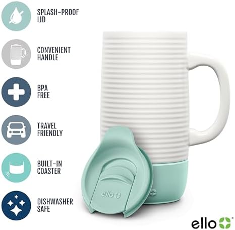 Ello Jane 18oz Ceramic Travel Mug with Handle, Splash-Resistant Slider Lid and Built-in Coaster, Perfect for Coffee and Tea, BPA Free, Dishwasher Safe