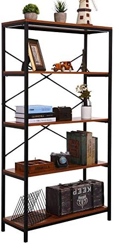 BATHWA Wood and Metal Minimalist 5 Tier Bookshelf, 6 feet Tall Open Rustic Wide Bookcase Industrial Style