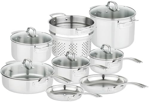 Viking 3-Ply Pots and Pans Set, 17 Piece Stainless Steel Cookware Glass Lids, Steamer Insert, Silver