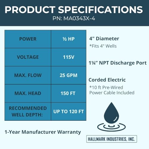 Hallmark Industries MA0343X-4 Deep Well Submersible Pump, 1/2 hp, 110V, 60 Hz, 25 GPM, 150' Head, Stainless Steel, 4"
