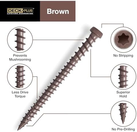 Deck Plus Composite Deck Screws, #10 x 2-1/2in, 1lb Box, 75 Pieces, Brown | Epoxy-coated steel, Star/torx drive with trap head
