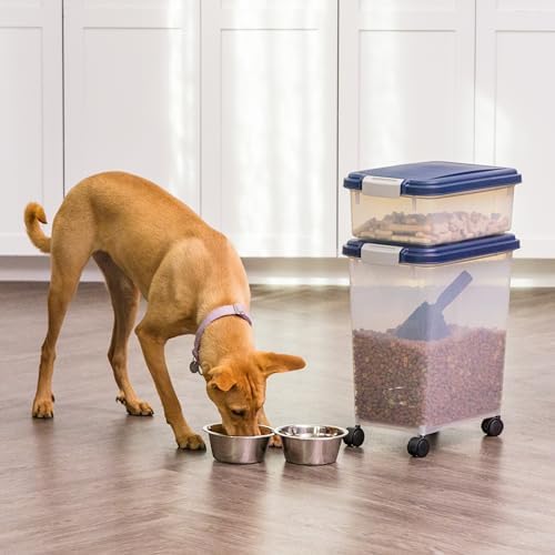 IRIS USA Dog Food Storage Container, Up to 30+11 lbs, Navy, Made in USA | Wheels for Mobility, Airtight Seal, BPA-Free, Best for Bird Seed, Cat food