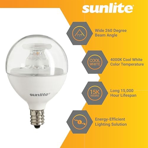 Sunlite G16.5 Light Bulb LED, 5W (40W Equiv.), 350 Lumens, Dimmable, Type G Globe Shape E12 Candelabra Base, Short Bulbs, Vanity Mirror Bulbs, 2700K Soft White, Frosted, 6 Count