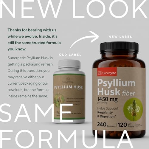 Premium Psyllium Husk Fiber Supplement 1450mg, 240 Capsules | 1,450 mg per 2-capsule serving; supports regularity & digestive health, with 120 servings and no powder mixing
