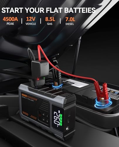 Car Battery Charger Jump Starter with Air Compressor, 4500A Jump Box for Car Battery Portable Jumper Cables with Battery Pack, 12V Jumpstart Combo 150PSI Tire Inflator Air Pump (8.5L Gas/7.0L Diesel)