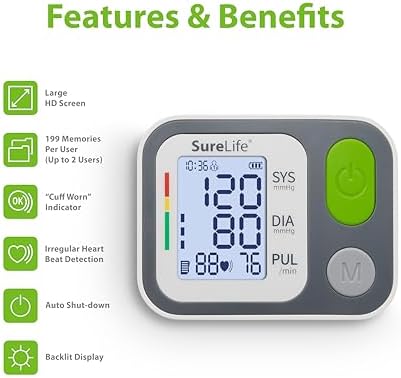 SureLife Premium Wrist Blood Pressure Monitor | Voice Readout, Irregular Heartbeat Alerts, Color-Coded Backlit LCD Screen, Fully Automatic