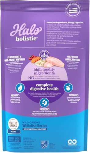 Halo Holistic Dry Cat Food for Sensitive Stomach, Wild-Caught Whitefish Natural Adult Cat Kibble with Healthy Grains, Probiotics & Omega Fatty Acids for Skin and Coat Health, 6 lb Bag