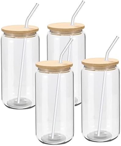 YOUKE OLA 20 Pack Glass Cups with Bamboo Lids and Glass Straw 16oz Beer Can Shaped Drinking Glasses Cups, Glass Tumbler Reusable Cute Cups for Whiskey