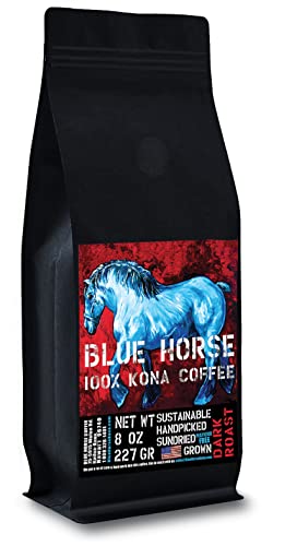 Blue Horse 100% Kona Coffee Whole Bean - 16 oz Medium Roast, Farm Fresh | Certified Organic, Arabica Whole Beans,, Grown In Hawaii USA, Shade Grown, Handpicked, Vacuum Sealed Bag, Caffeinated, Vegan
