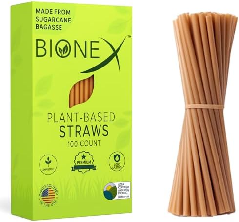 Bionex 8” Sugarcane Straws, 100 Count – Biodegradable & Compostable Disposable Drinking Straws, Made in USA