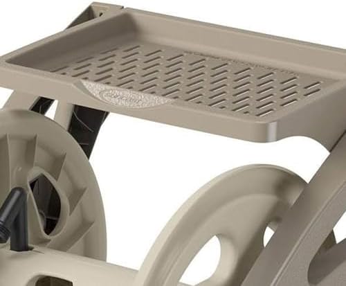 Suncast Handler Durable Hard Plastic Wall Mounted Outdoor Retractable Garden Hose Reel with Storage Tray and 200 Feet Hose Capacity, Taupe