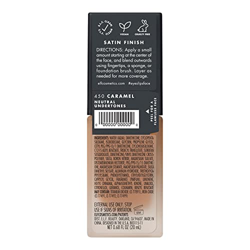 e.l.f. Flawless Satin Foundation, Lightweight & Medium Coverage, Semi-Matte Finish, Vegan & Cruelty-Free, Caramel, 0.68 Fl Oz (20mL)