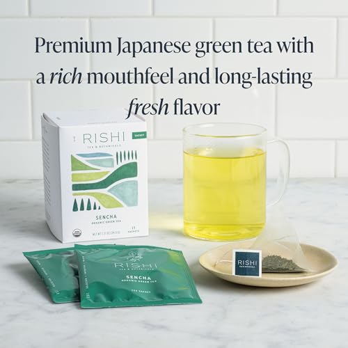 Rishi Tea Sencha Green Japanese Organic Sachet Tea Bags, Caffeinated, 15ct | Classic Japanese Sencha Green Tea, Enjoy Hot or Iced, Sustainable, 15 Servings