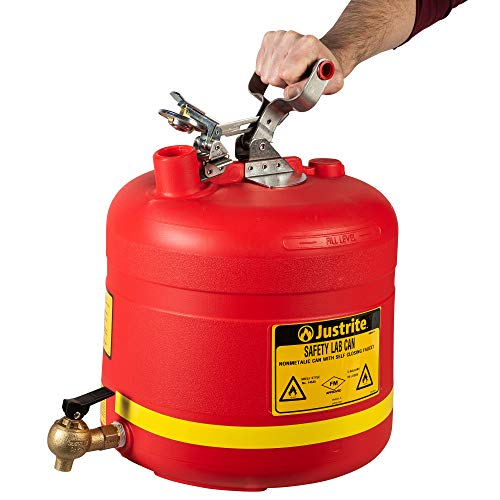 Justrite 14545 Polyethylene Nonmetallic Safety Shelf Can with Self-Close Brass Faucet, 5 Gallon Capacity, Red