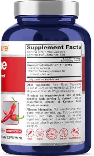 Cayenne Pepper, Non-GMO, Vegan, 150mg, 350 Veggie Capsules - 350 Servings | Herbal Formula, Capsicum Annuum Fruit 10:1 Extract, Suitable for Adults