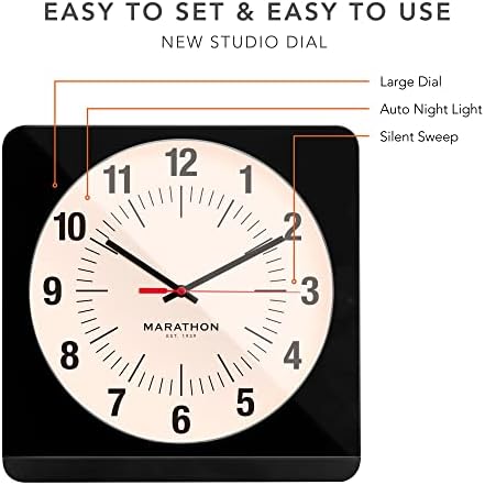 MARATHON Jumbo 12 Inch Analog Wall Clock with Warm Amber Auto Backlight, Silent Smooth Sweep (Black Case/White Dial - Commercial Edition)