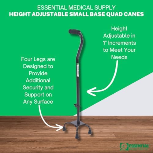 Essential Medical Supply Small Base Quad Cane in Black - Height Adjustable Walking Cane, Sturdy and Durable Walking Cane for Improved Mobility and Stability with 4 Prong Base and Rubber Tips