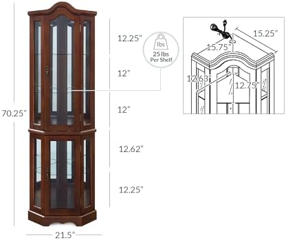 BELLEZE Lighted Corner Display Curved Top Curio Cabinet Wooden Shelving Unit with Tempered Glass Door